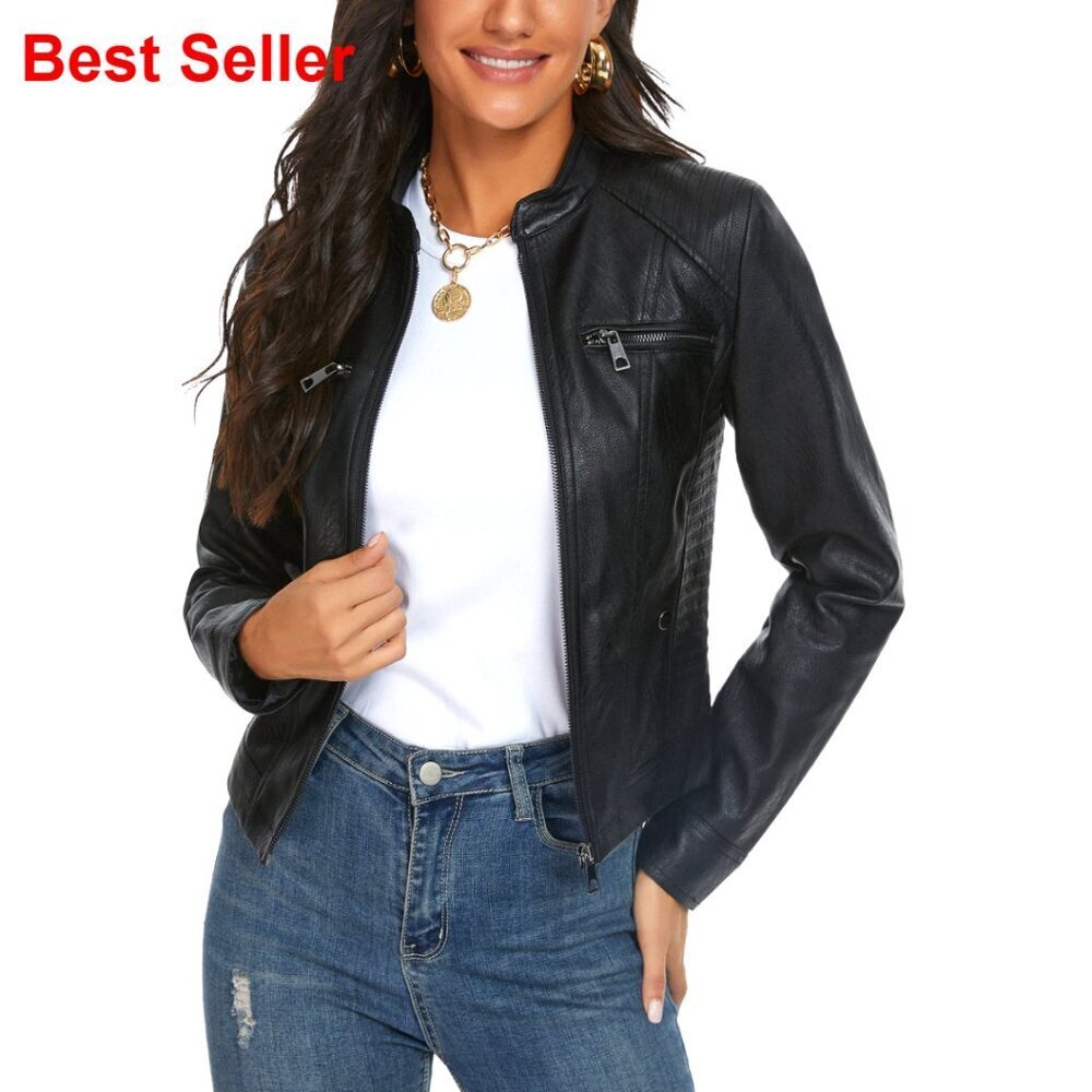 Faux Leather Motorcycle Jacket Women's Zip Up Fitted Slim Coat